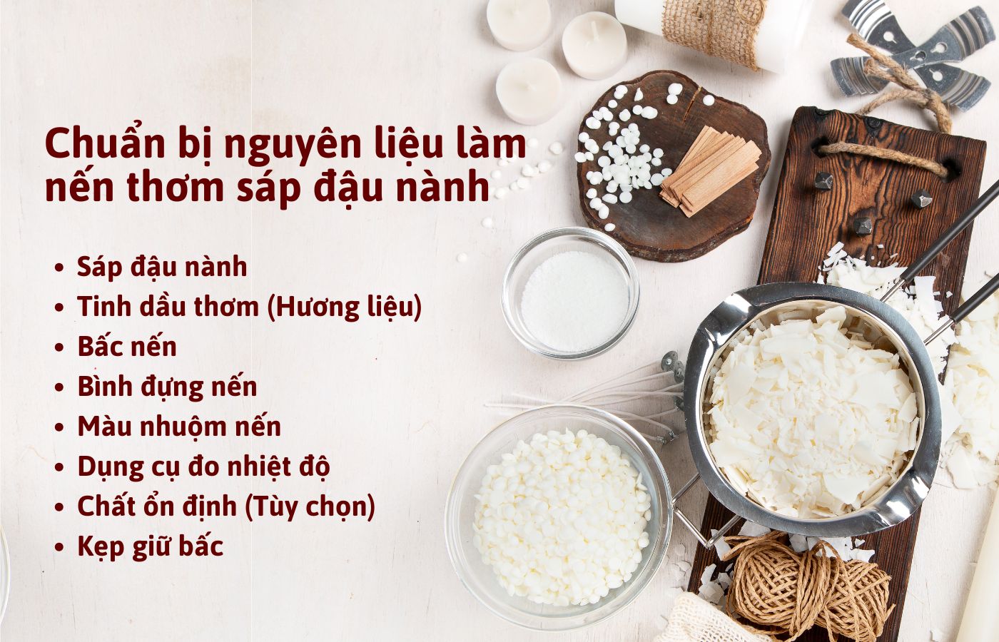 Cần chuẩn bị những nguyên liệu gì khi làm nến thơm sáp đậu nành?